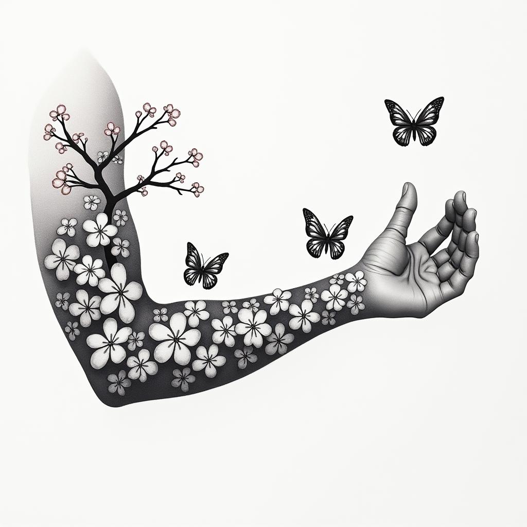 A branch of Japanese cherry blossom on the left arm that extends down to the index finger with 7 birth butterflies of a child.higly detailed tattoo - Variation 4