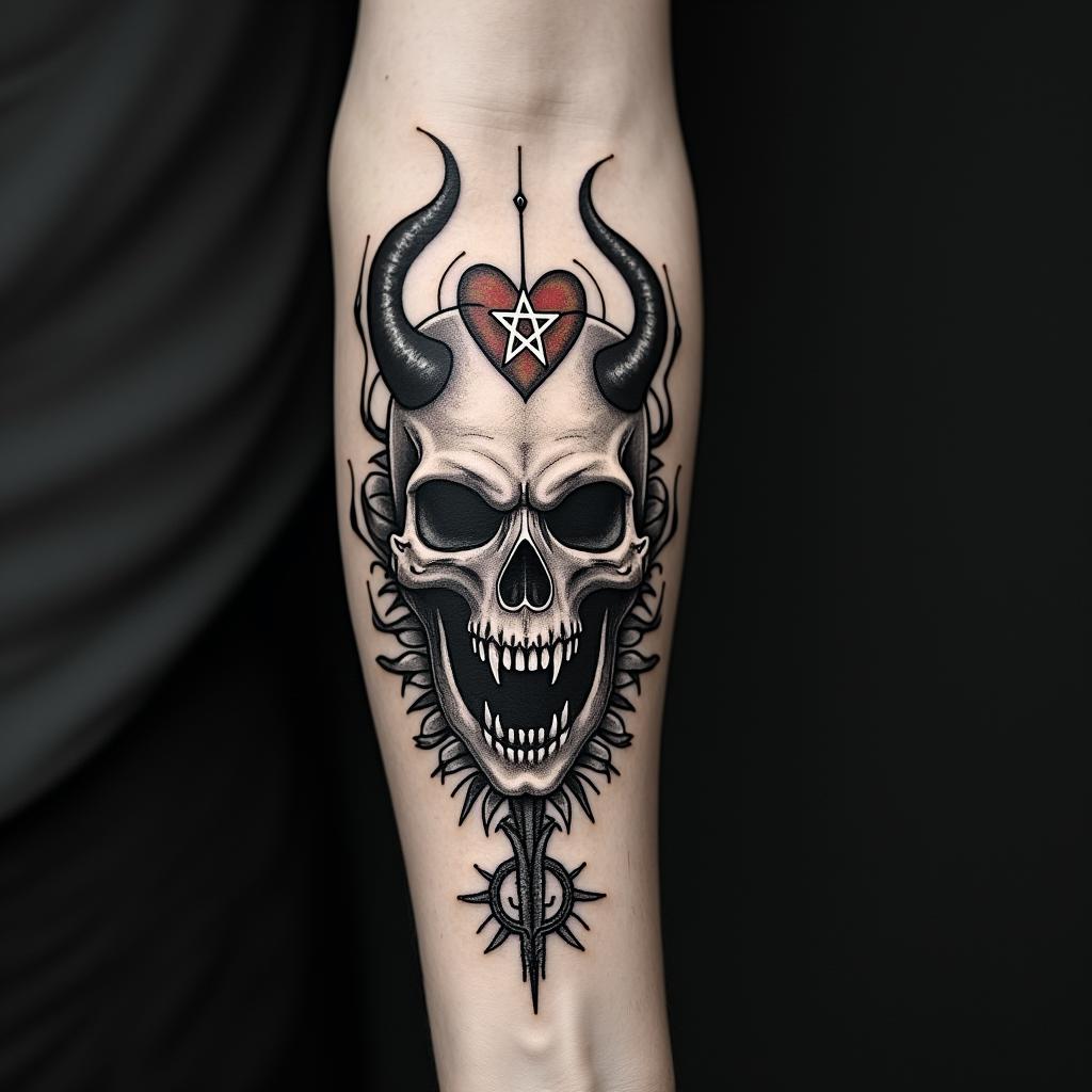 Emilson, poison tree, scorpio, heartcreepy horror tattoo style, featuring an eerie and unsettling skull of a demonic creature, distorted face with sharp fangs, add pentagram symbol