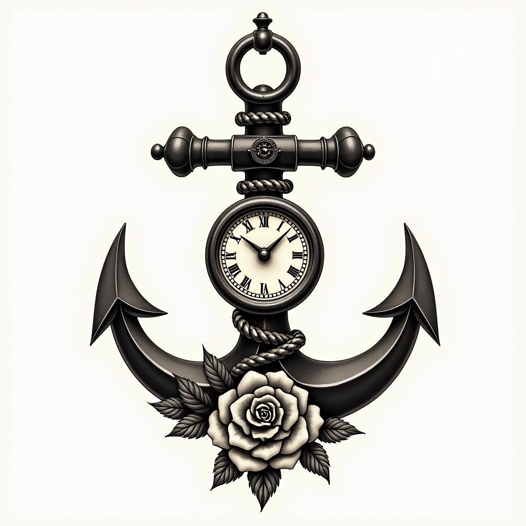 Anchor with nautical rope and compassin victorian style tattoo, featuring vintage and elegant elements, ornate frames, roses, antique, sepia-toned color scheme - Variation 18