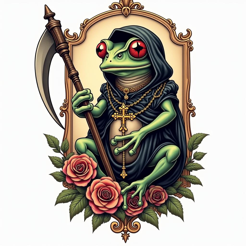 Grim Reaper frog with a scythe and rosaryin victorian style tattoo, featuring vintage and elegant elements, ornate frames, roses, antique, sepia-toned color scheme - Variation 4