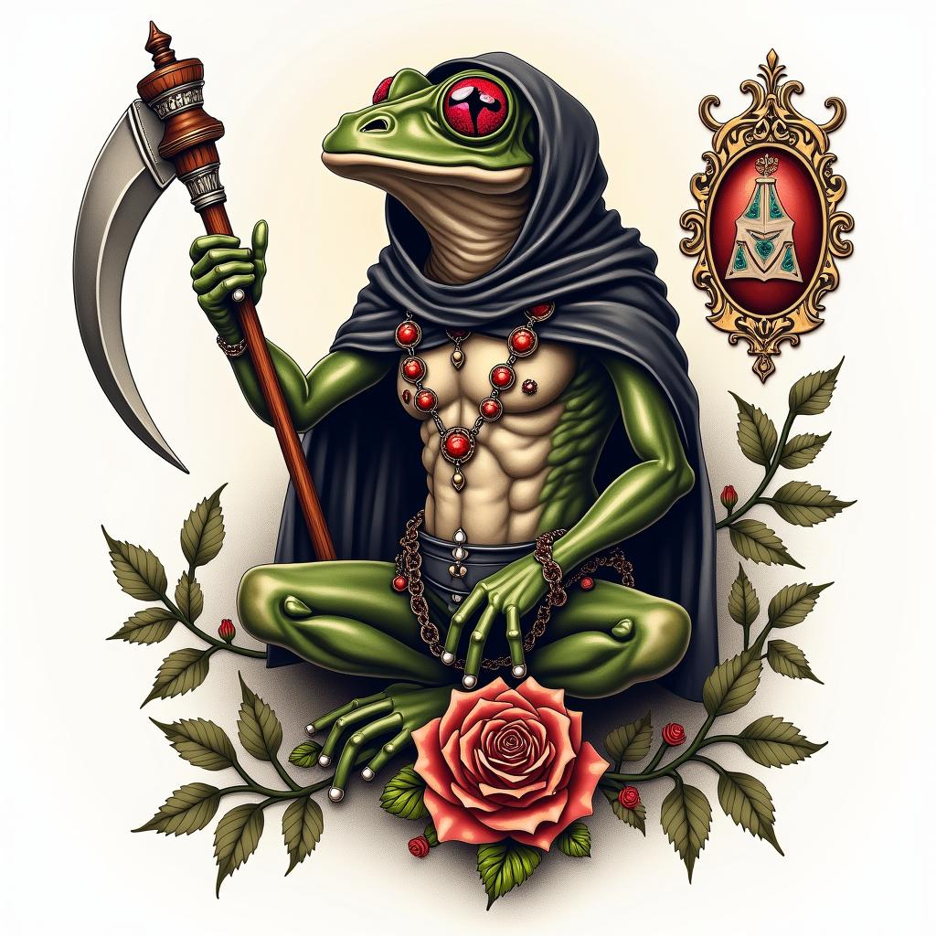 Grim Reaper frog with a scythe and rosaryin victorian style tattoo, featuring vintage and elegant elements, ornate frames, roses, antique, sepia-toned color scheme - Variation 3