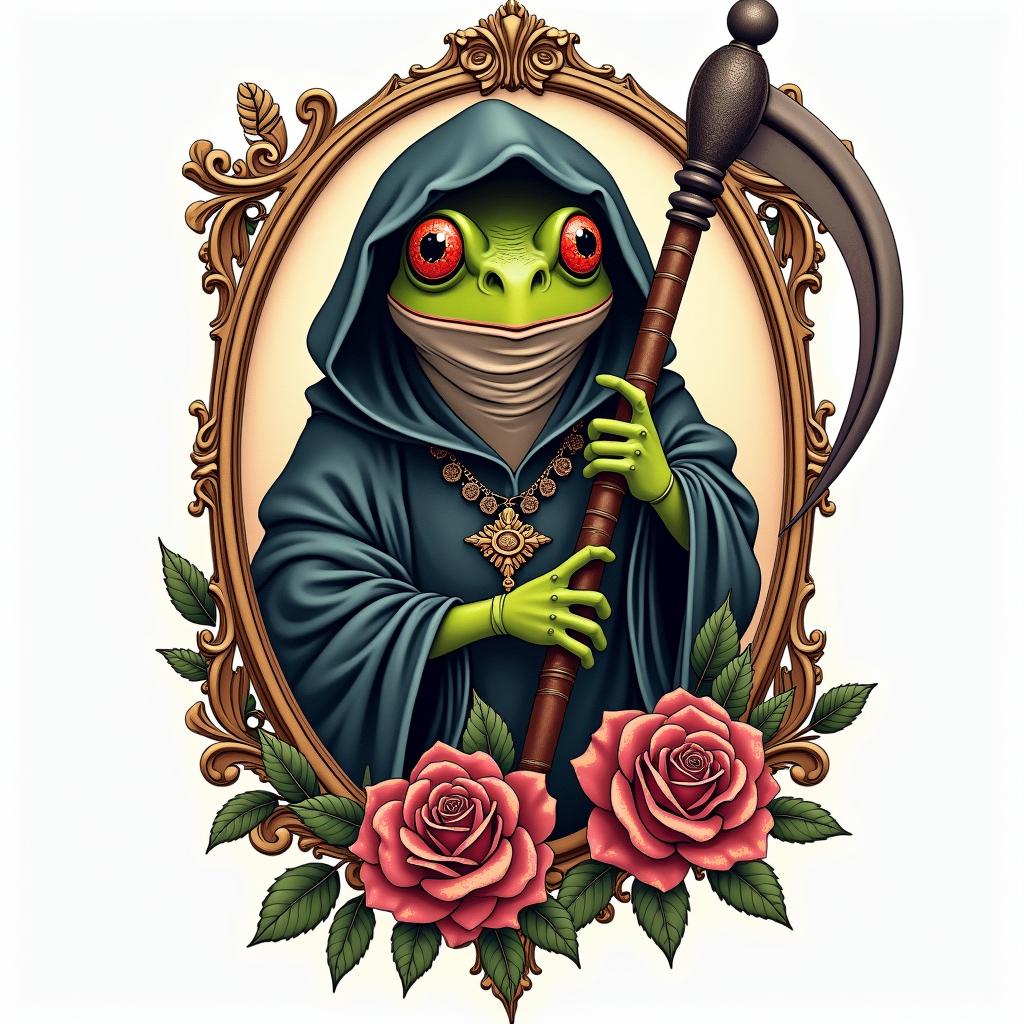 Grim Reaper frog with a scythe and rosaryin victorian style tattoo, featuring vintage and elegant elements, ornate frames, roses, antique, sepia-toned color scheme - Variation 2