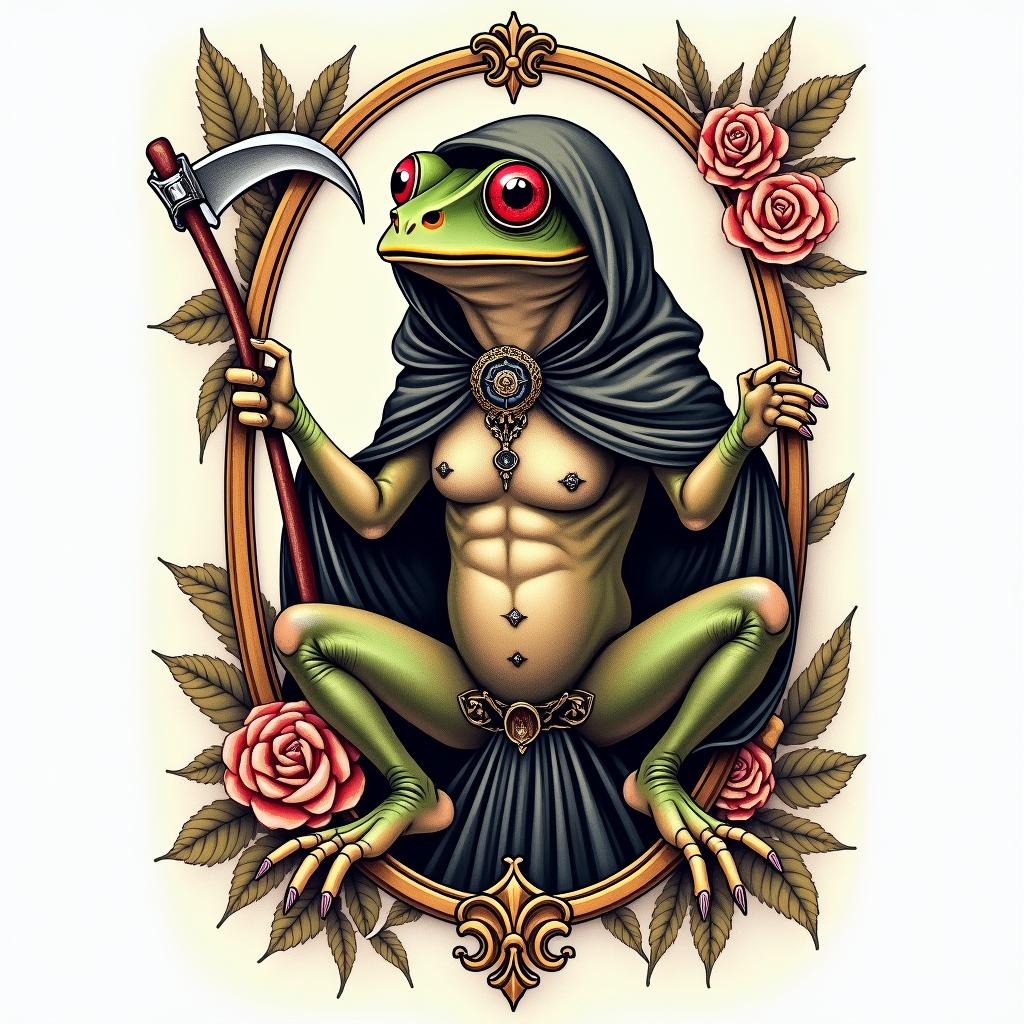 Grim Reaper frog with a scythe and rosaryin victorian style tattoo, featuring vintage and elegant elements, ornate frames, roses, antique, sepia-toned color scheme