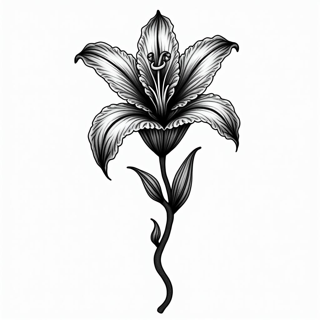 A lily with letteringin bohemian style tattoo, 8k - Variation 2