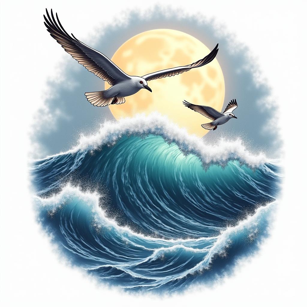A powerful ocean wave under a full moon, depicting joyful childhood memories, with two seagulls flying above, capturing a sense of happiness and nostalgia, in a vibrant color palette that reflects the essence of the sea and summer holidays.higly detailed tattoo - Variation 2