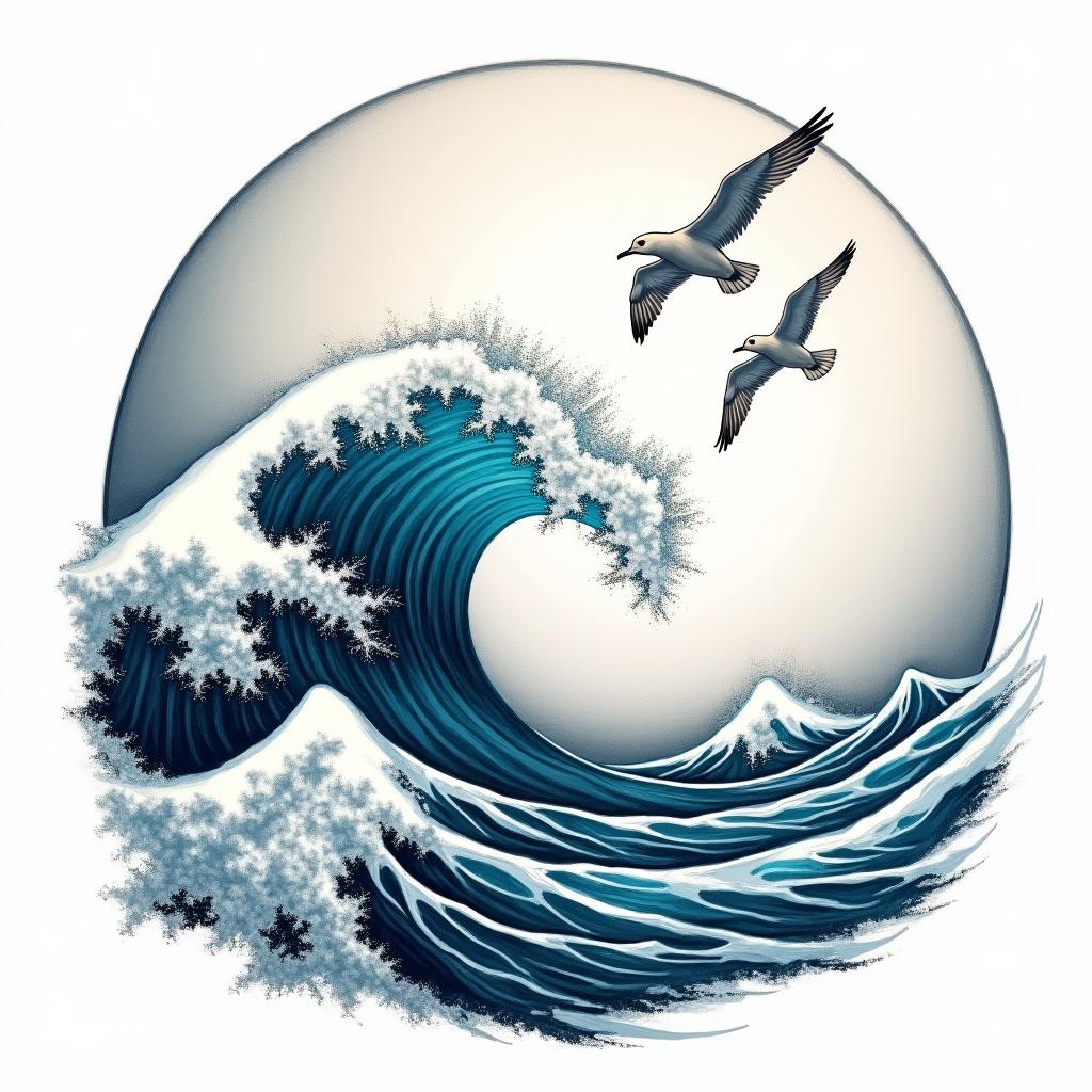A powerful ocean wave under a full moon, depicting joyful childhood memories, with two seagulls flying above, capturing a sense of happiness and nostalgia, in a vibrant color palette that reflects the essence of the sea and summer holidays.higly detailed tattoo - Variation 3