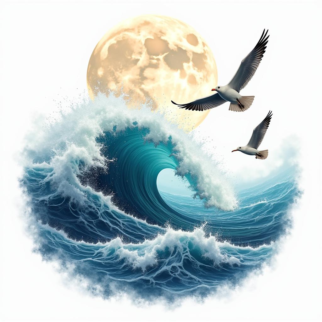 A powerful ocean wave under a full moon, depicting joyful childhood memories, with two seagulls flying above, capturing a sense of happiness and nostalgia, in a vibrant color palette that reflects the essence of the sea and summer holidays.higly detailed tattoo