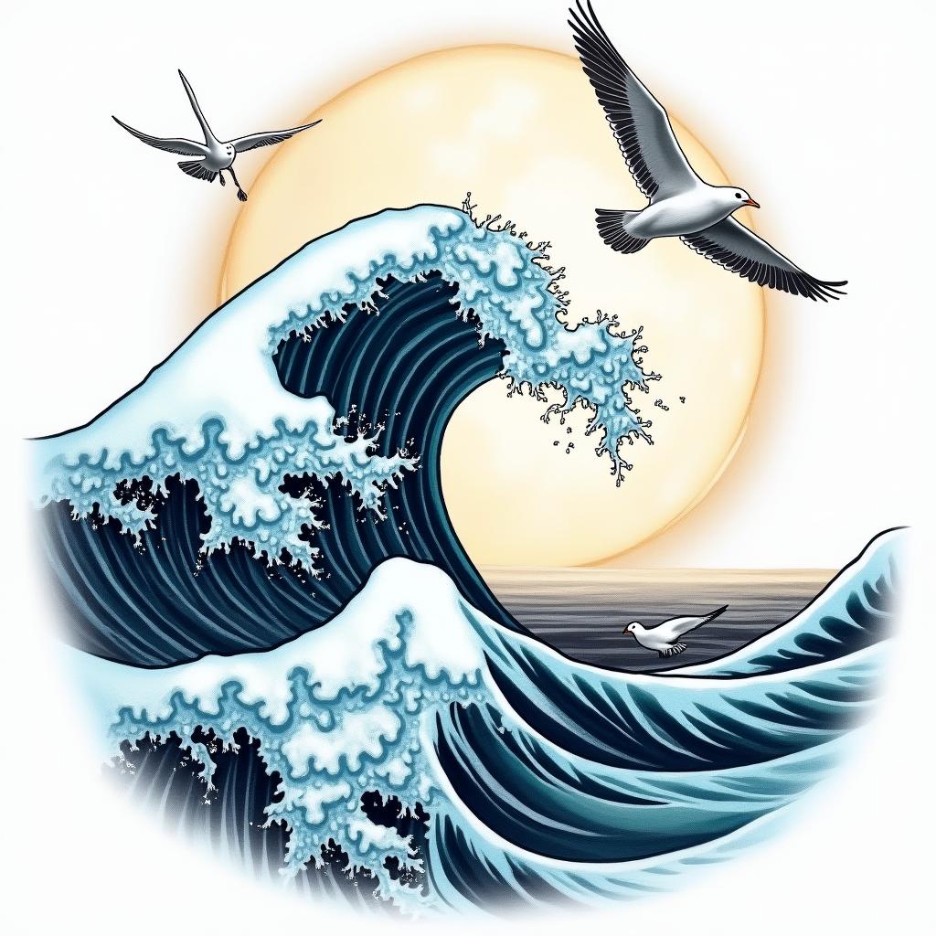 A powerful ocean wave under a full moon, depicting joyful childhood memories, with two seagulls flying above, capturing a sense of happiness and nostalgia, in a vibrant color palette that reflects the essence of the sea and summer holidays.higly detailed tattoo - Variation 4