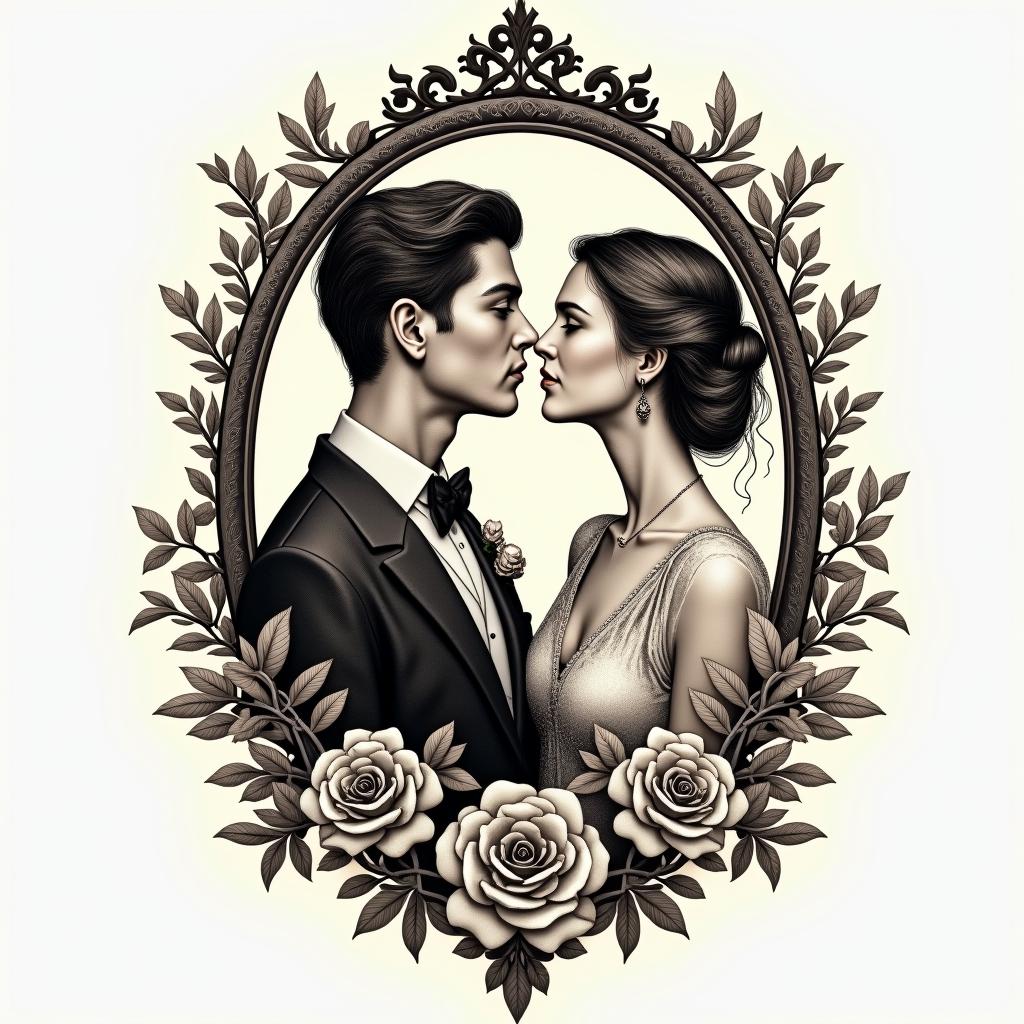 Traveling, adventure, loverin victorian style tattoo, featuring vintage and elegant elements, ornate frames, roses, antique, sepia-toned color scheme - Variation 3