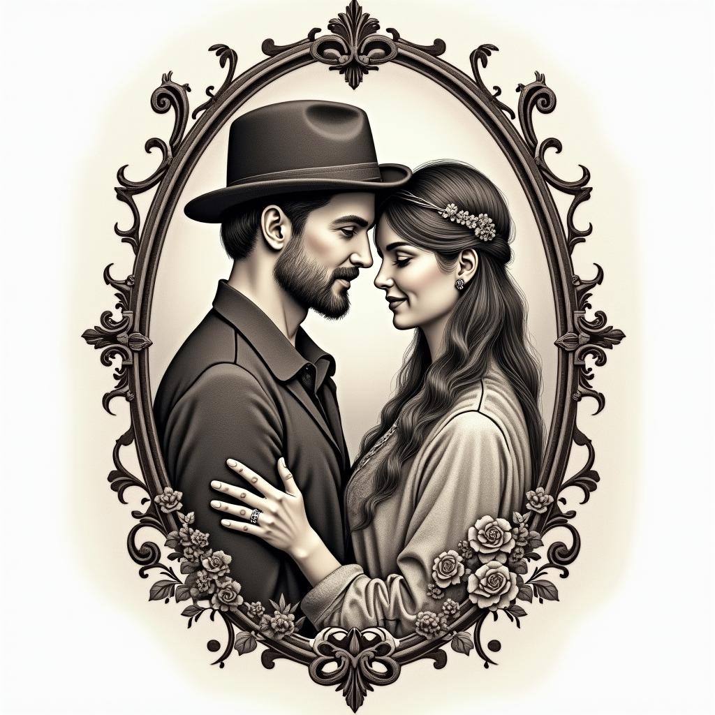 Traveling, adventure, loverin victorian style tattoo, featuring vintage and elegant elements, ornate frames, roses, antique, sepia-toned color scheme - Variation 4