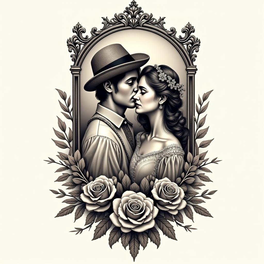 Traveling, adventure, loverin victorian style tattoo, featuring vintage and elegant elements, ornate frames, roses, antique, sepia-toned color scheme - Variation 2