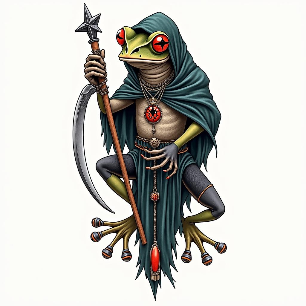 Grim Reaper frog with a scythe and rosaryin spiritual symbols tattoo style, featuring an intricate design incorporating elements, Hamsa hand, third eye, minimalist composition - Variation 3