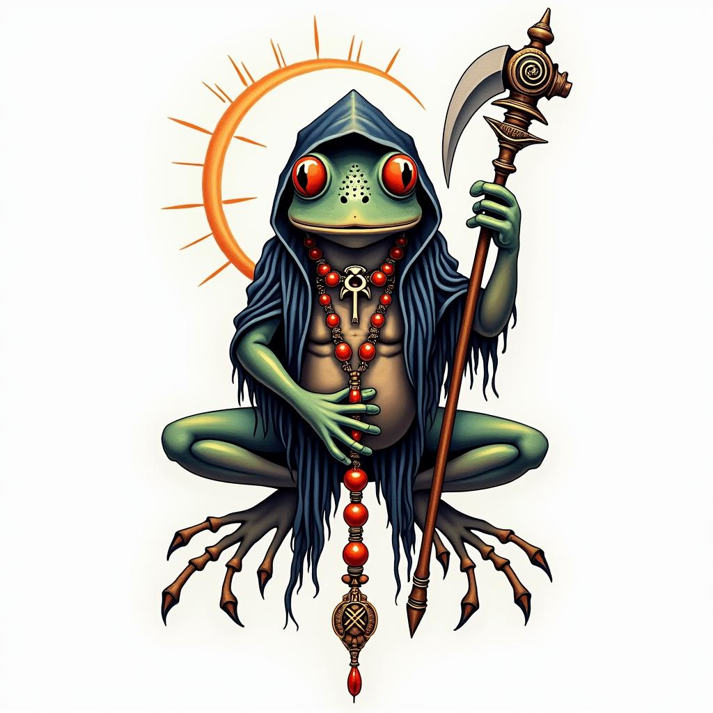 Grim Reaper frog with a scythe and rosaryin spiritual symbols tattoo style, featuring an intricate design incorporating elements, Hamsa hand, third eye, minimalist composition - Variation 2