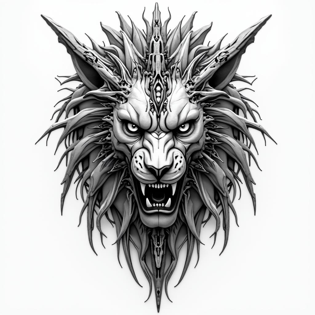 Lion, Demontattoo in biomechanic style, the tattoo covered by robotic elements of futuristic cyberpunk design, robotic features detail, showcasing intricate mechanical components - Variation 1