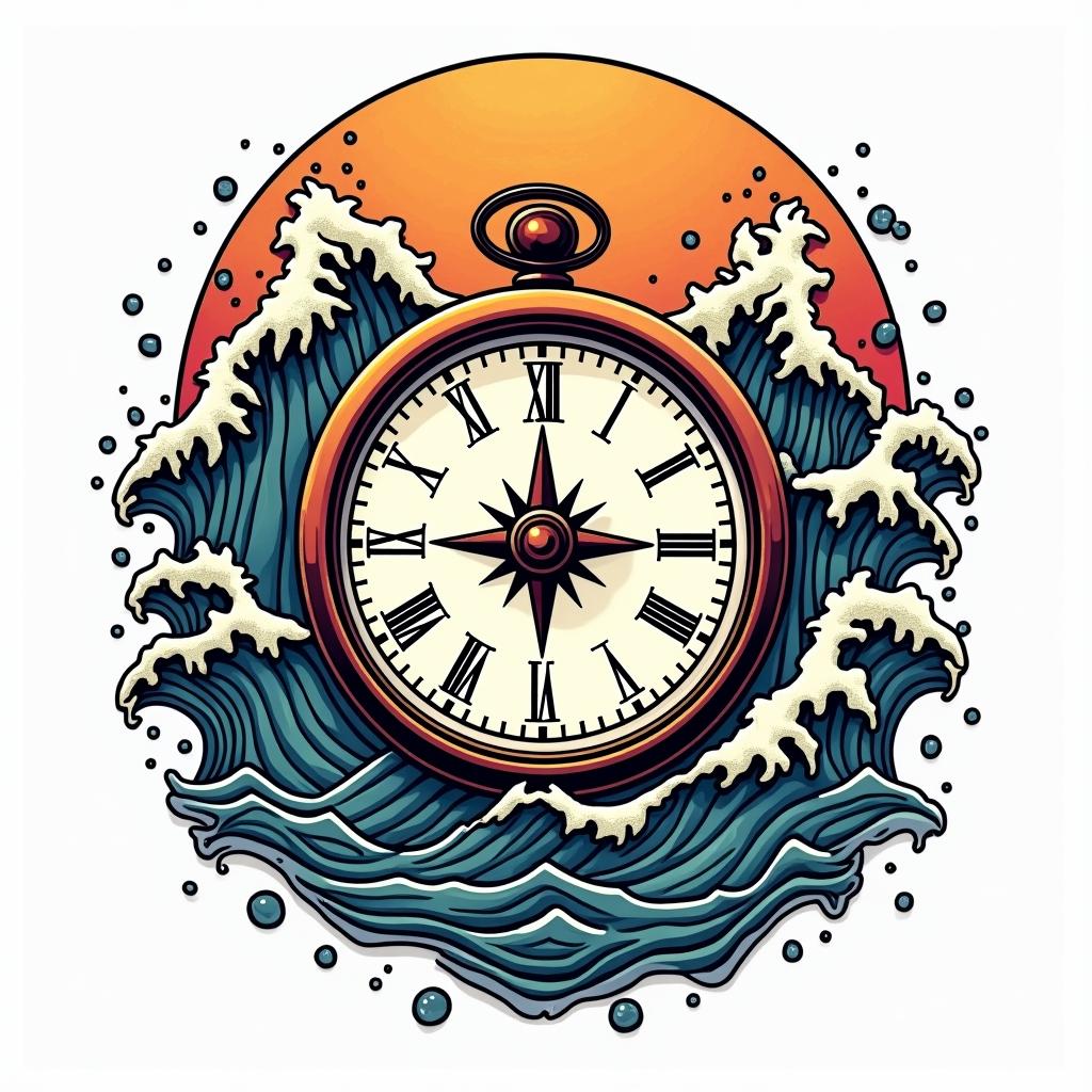 Compass surrounded by ocean wavesin pop art style tattoo, featuring bold and vibrant colors, exaggerated outlines, iconic imagery, inspired by comic books and speech bubbles, comic book characters, retro pop culture - Variation 5