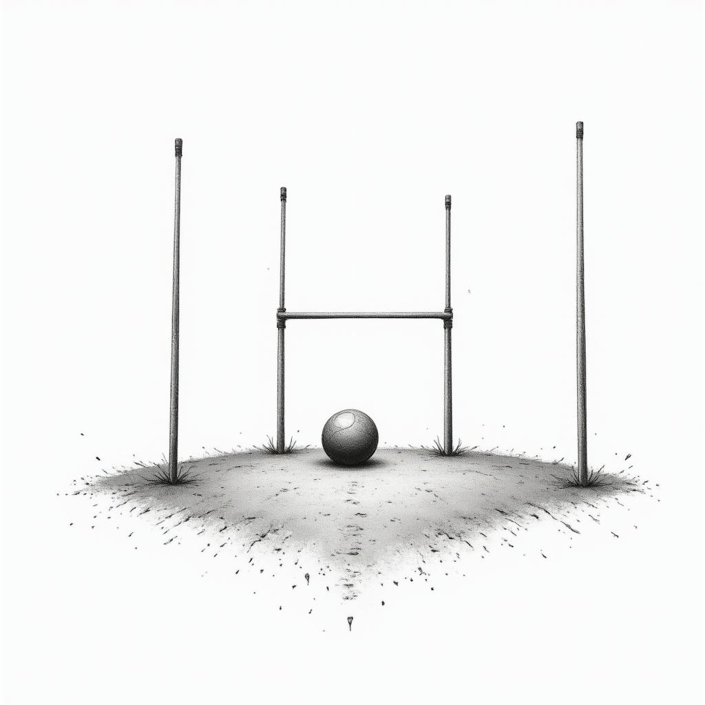 Rugby scrum with the phrase "Nun tien e ππ pa' mischia" with the posts and ball.in minimalist style tattoo, featuring simple shapes and fine lines, with minimal shading and details, tiny triangles, creating a sense of balance and harmony - Variation 4
