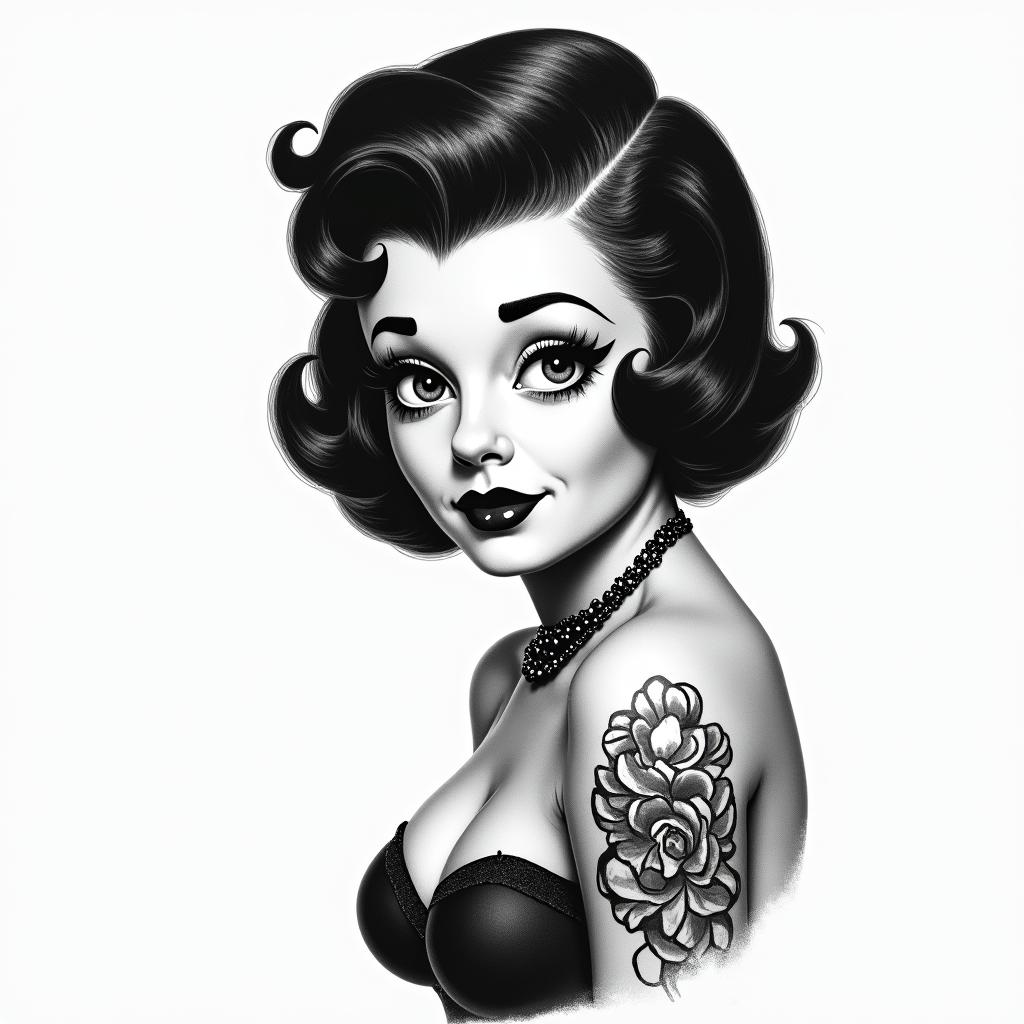 50s style Betty boopin portrait tattoo style, featuring a highly realistic and detailed depiction 