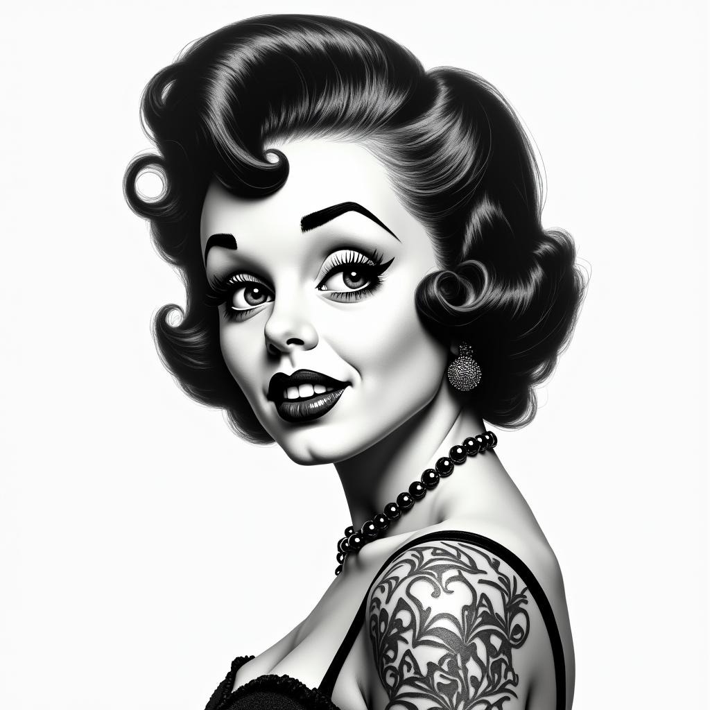50s style Betty boopin portrait tattoo style, featuring a highly realistic and detailed depiction - Variation 3