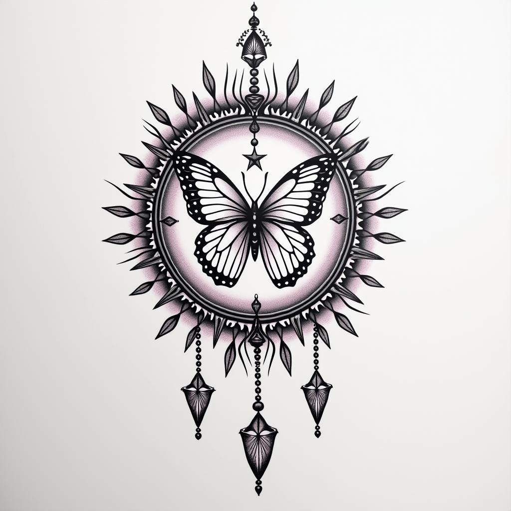 A meaningful tattoo in honor of the children, including a white butterfly, a dove, and a black and purple dreamcatcher. The dreamcatcher should contain the names Maria, Santiago, Carolina, Noah, Emma, and Sebastian among the details. The butterfly and the dove represent love and hope, while the butterfly symbolizes the memory of Clarinha.higly detailed tattoo - Variation 3