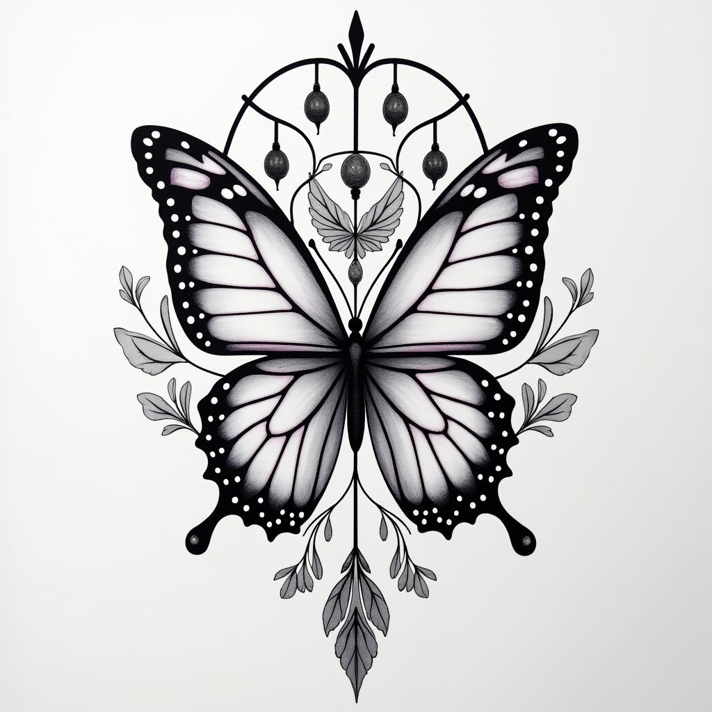 A meaningful tattoo in honor of the children, including a white butterfly, a dove, and a black and purple dreamcatcher. The dreamcatcher should contain the names Maria, Santiago, Carolina, Noah, Emma, and Sebastian among the details. The butterfly and the dove represent love and hope, while the butterfly symbolizes the memory of Clarinha.higly detailed tattoo - Variation 4