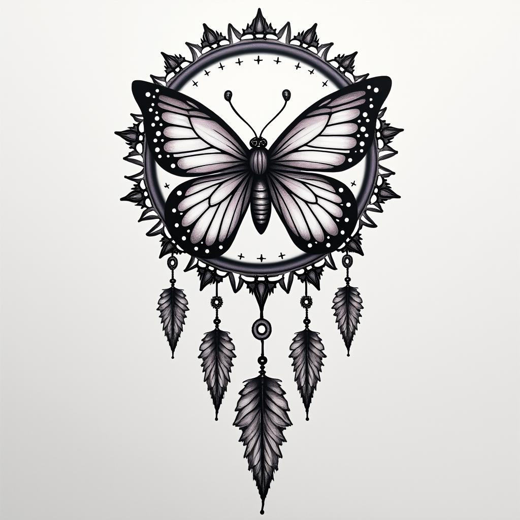A meaningful tattoo in honor of the children, including a white butterfly, a dove, and a black and purple dreamcatcher. The dreamcatcher should contain the names Maria, Santiago, Carolina, Noah, Emma, and Sebastian among the details. The butterfly and the dove represent love and hope, while the butterfly symbolizes the memory of Clarinha.higly detailed tattoo - Variation 2