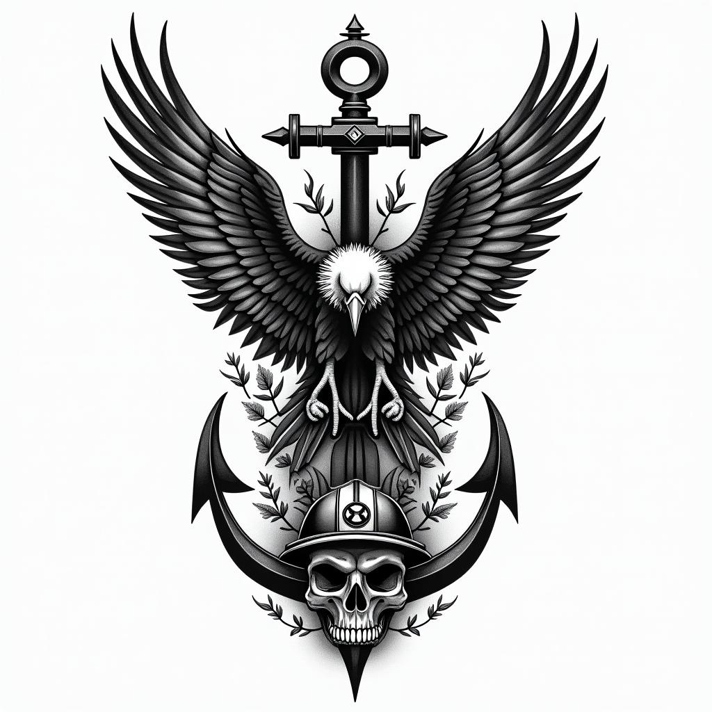 A traditional American tattoo design in black and grey ink featuring separate elements: a detailed anchor, a majestic eagle, a classic firefighter helmet, a menacing skull, and a nautical ship, all interconnected with an elegant flow. The style embodies the essence of classic American tattoo art, emphasizing bold lines and intricate shading.higly detailed tattoo - Variation 4