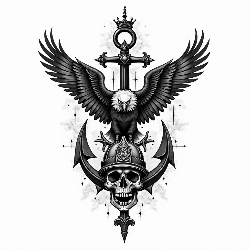 A traditional American tattoo design in black and grey ink featuring separate elements: a detailed anchor, a majestic eagle, a classic firefighter helmet, a menacing skull, and a nautical ship, all interconnected with an elegant flow. The style embodies the essence of classic American tattoo art, emphasizing bold lines and intricate shading.higly detailed tattoo - Variation 2