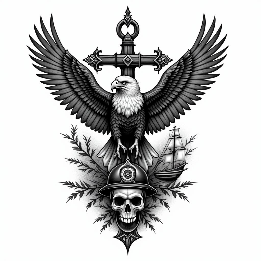 A traditional American tattoo design in black and grey ink featuring separate elements: a detailed anchor, a majestic eagle, a classic firefighter helmet, a menacing skull, and a nautical ship, all interconnected with an elegant flow. The style embodies the essence of classic American tattoo art, emphasizing bold lines and intricate shading.higly detailed tattoo - Variation 3