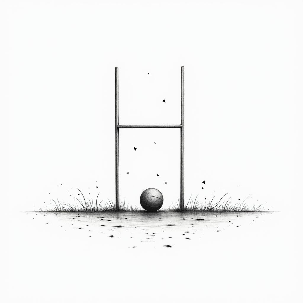 Rugby scrum with the phrase "You don't have 🏉🏉 for the scrum" with the posts and ball.in minimalist style tattoo, featuring simple shapes and fine lines, with minimal shading and details, tiny triangles, creating a sense of balance and harmony