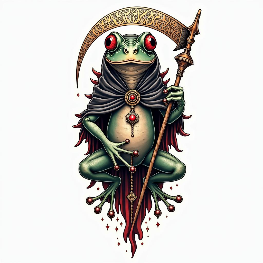 Grim Reaper frog with a scythe and rosaryin dotwork style tattoo, complex mandala patterns, interlocking geometric shapes with sharp symmetry, clean lines, sharp angles