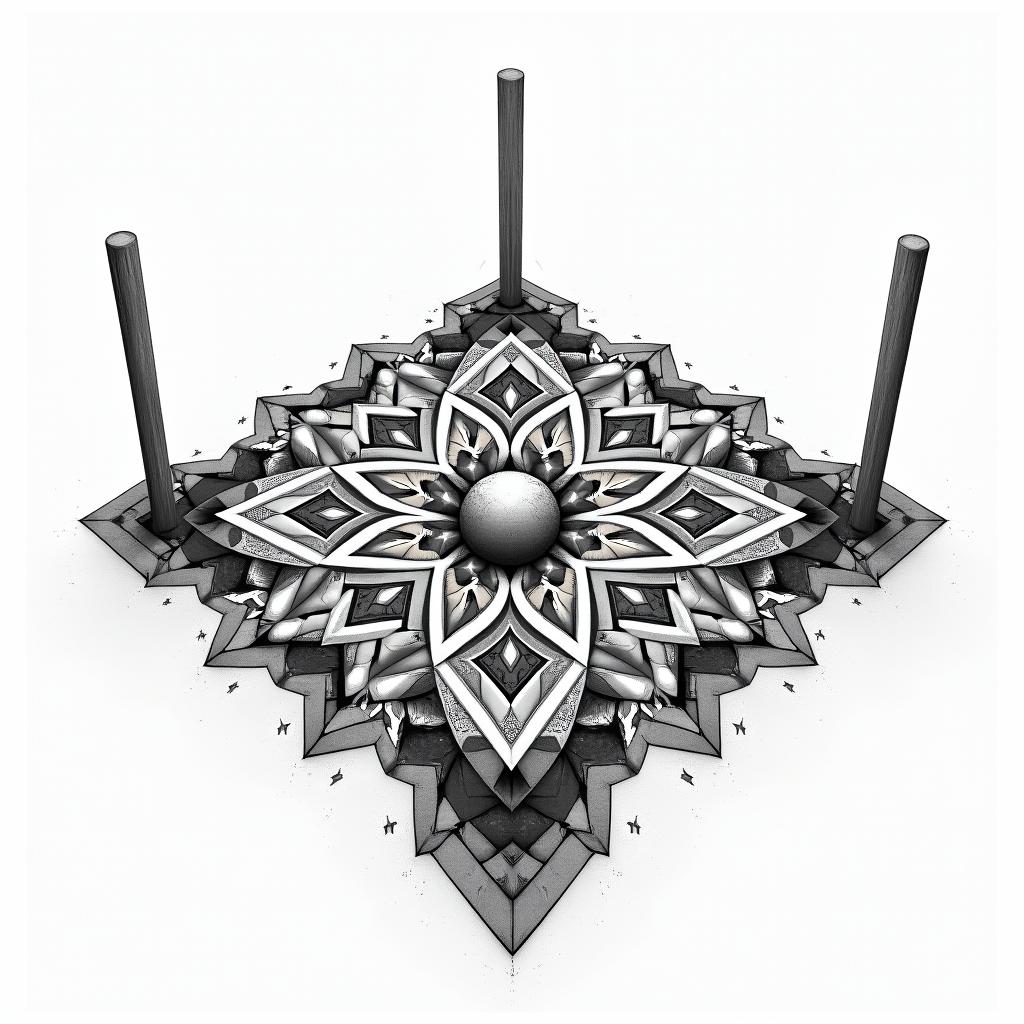 Rugby scrum with the phrase "Don't hold back for the scrum" with the posts and ball. in geometric style tattoo, blending hexagons, mandala-inspired patterns, symmetrical and fractal design, clean lines, sharp angles