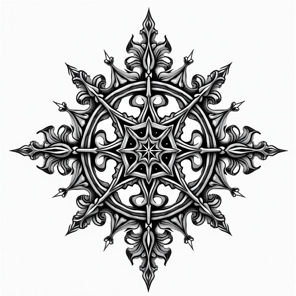 Motorcycle chain with a wheelin dotwork style tattoo, complex mandala patterns, interlocking geometric shapes with sharp symmetry, clean lines, sharp angles - Variation 8