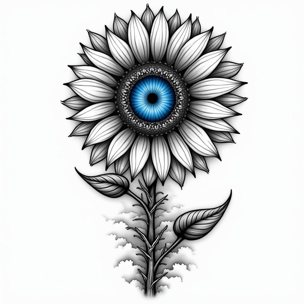 A bright blue All-Seeing Eye—(iris only)—sits at the heart of a sunflower-like flower . The "sunflower’s" 24 petals are styled like tribal rays, representing the sun, the passage of time (like a clock), and navigation (compass). At the base of the flower, two rose-like stems with thorns extend downward: one stem twists and coils around the other, which flows more straightly, guiding the design elegantly down toward the wrist.

   The background features black and gray cloud-like shading encircling the sunflower—. Below, rushing waves / flowing water swirl in rich black and gray shading, adding motion, contrast, and natural symbolism.higly detailed tattoo - Variation 8