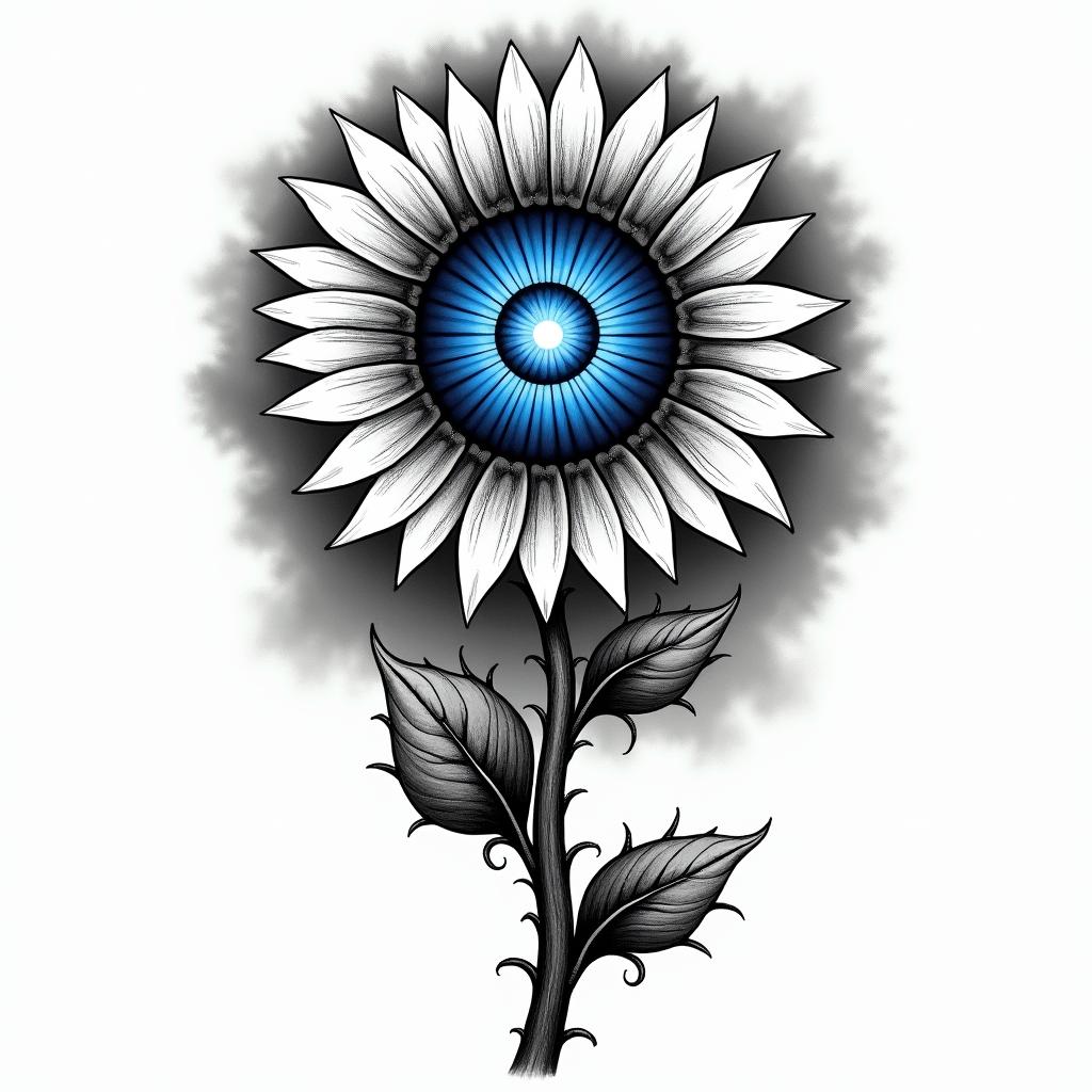 A bright blue All-Seeing Eye—(iris only)—sits at the heart of a sunflower-like flower . The "sunflower’s" 24 petals are styled like tribal rays, representing the sun, the passage of time (like a clock), and navigation (compass). At the base of the flower, two rose-like stems with thorns extend downward: one stem twists and coils around the other, which flows more straightly, guiding the design elegantly down toward the wrist.

   The background features black and gray cloud-like shading encircling the sunflower—. Below, rushing waves / flowing water swirl in rich black and gray shading, adding motion, contrast, and natural symbolism.higly detailed tattoo - Variation 7