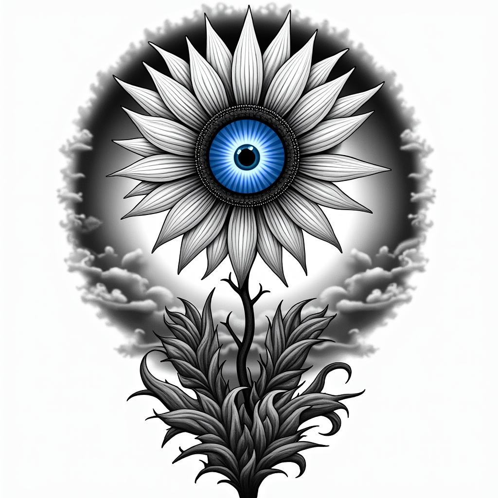 A bright blue All-Seeing Eye—(iris only)—sits at the heart of a sunflower-like flower . The "sunflower’s" 24 petals are styled like tribal rays, representing the sun, the passage of time (like a clock), and navigation (compass). At the base of the flower, two rose-like stems with thorns extend downward: one stem twists and coils around the other, which flows more straightly, guiding the design elegantly down toward the wrist.

   The background features black and gray cloud-like shading encircling the sunflower—. Below, rushing waves / flowing water swirl in rich black and gray shading, adding motion, contrast, and natural symbolism.higly detailed tattoo - Variation 6