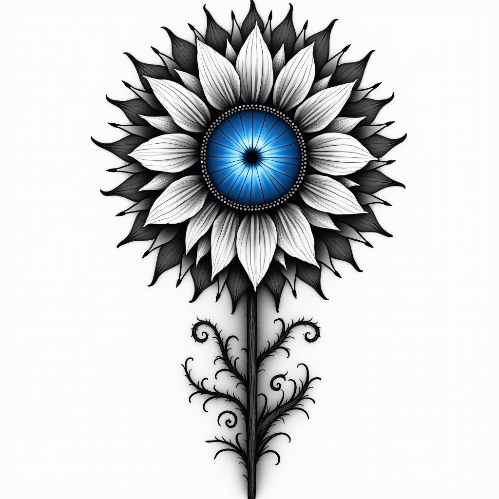 A bright blue All-Seeing Eye—(iris only)—sits at the heart of a sunflower-like flower . The "sunflower’s" 24 petals are styled like tribal rays, representing the sun, the passage of time (like a clock), and navigation (compass). At the base of the flower, two rose-like stems with thorns extend downward: one stem twists and coils around the other, which flows more straightly, guiding the design elegantly down toward the wrist.

   The background features black and gray cloud-like shading encircling the sunflower—. Below, rushing waves / flowing water swirl in rich black and gray shading, adding motion, contrast, and natural symbolism.higly detailed tattoo - Variation 5