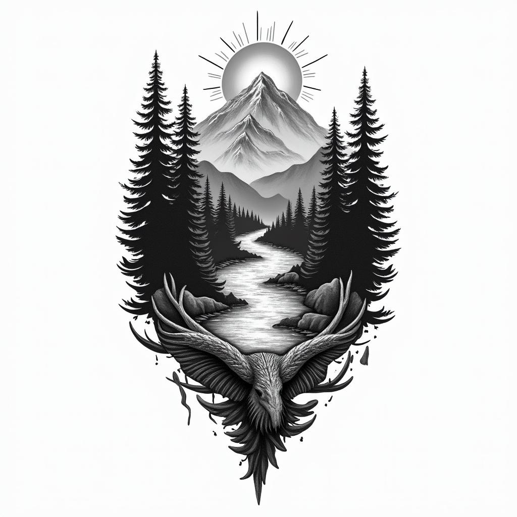 A black and grey tattoo design featuring an Alaskan-style forest with dense trees, majestic mountains, and a flowing river. The design connects to an existing tattoo with a sun on one side and a mountain on the other, with trees crowning the top just under the elbow and a wave near the wrist. Incorporate wildlife elements like an eagle, bear, or moose to enhance the natural beauty.higly detailed tattoo - Variation 4