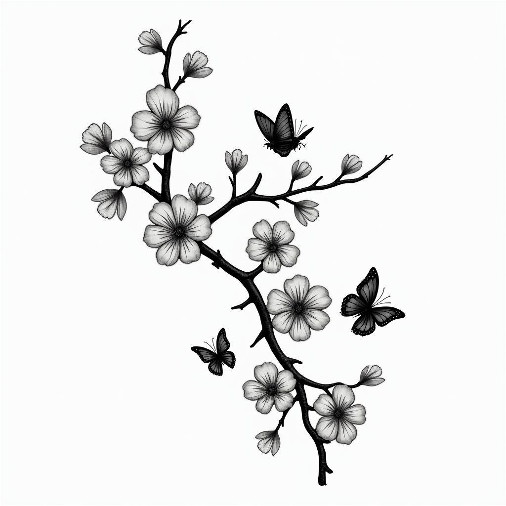 Branch of cherry blossom surrounded by 7 butterflies of my children's birthhigly detailed tattoo - Variation 2