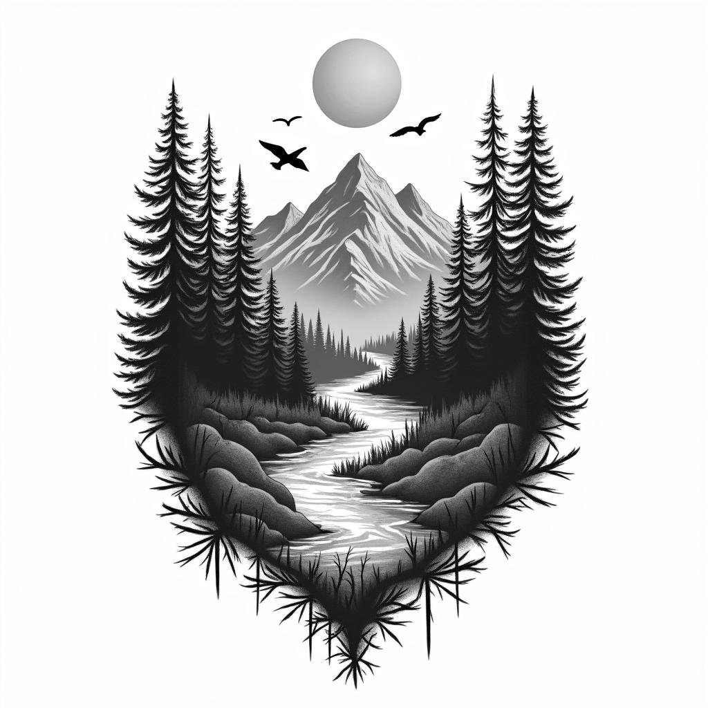 A black and grey tattoo design featuring an Alaskan-style forest with dense trees, majestic mountains, and a flowing river. The design connects to an existing tattoo with a sun on one side and a mountain on the other, with trees crowning the top just under the elbow and a wave near the wrist. Incorporate wildlife elements like an eagle, bear, or moose to enhance the natural beauty.higly detailed tattoo - Variation 3