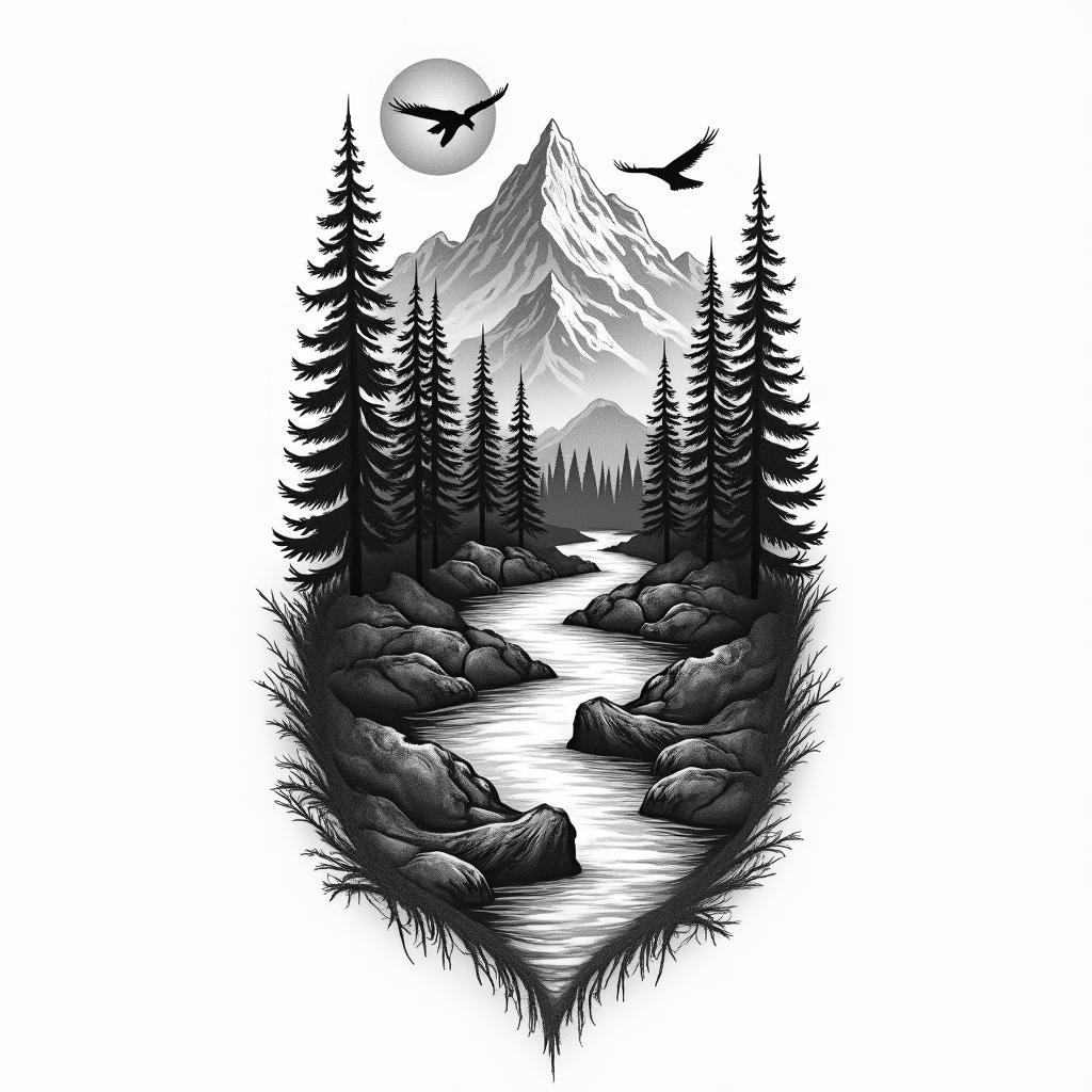 A black and grey tattoo design featuring an Alaskan-style forest with dense trees, majestic mountains, and a flowing river. The design connects to an existing tattoo with a sun on one side and a mountain on the other, with trees crowning the top just under the elbow and a wave near the wrist. Incorporate wildlife elements like an eagle, bear, or moose to enhance the natural beauty.higly detailed tattoo - Variation 2