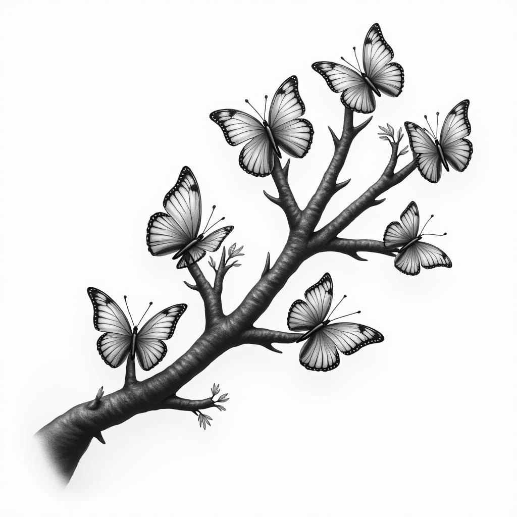 Branch of cherry blossom surrounded by 7 butterflies of my children's birthhigly detailed tattoo - Variation 4