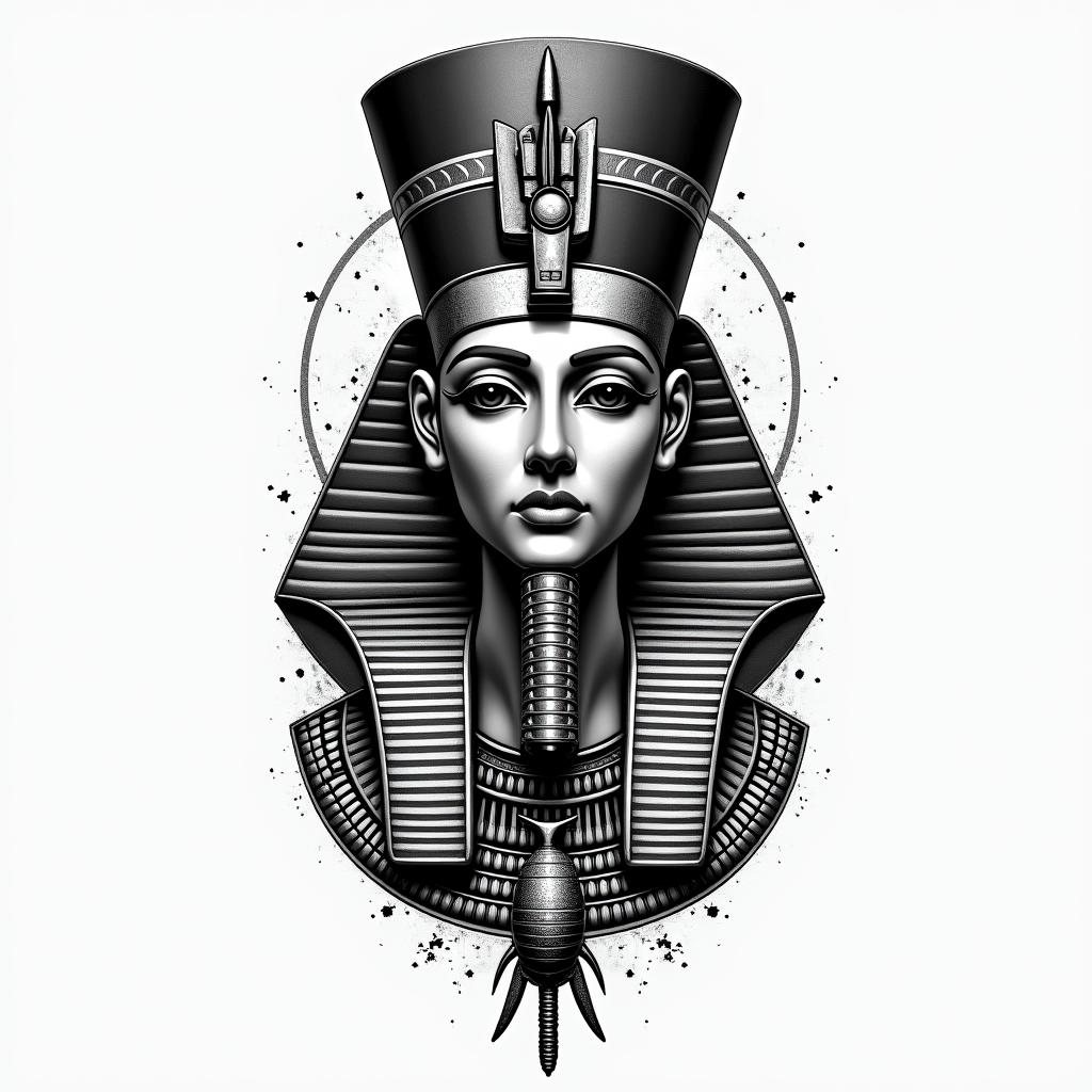 Aaron, Leo, Blackin egyptian style tattoo, bold elements of ancient egyptian culture including a portrait of an Egyptian pharaoh with detailed facial features, in hieroglyphs and symbolic imagery, eye of horus, ankh symbol, scarab beetle - Variation 1