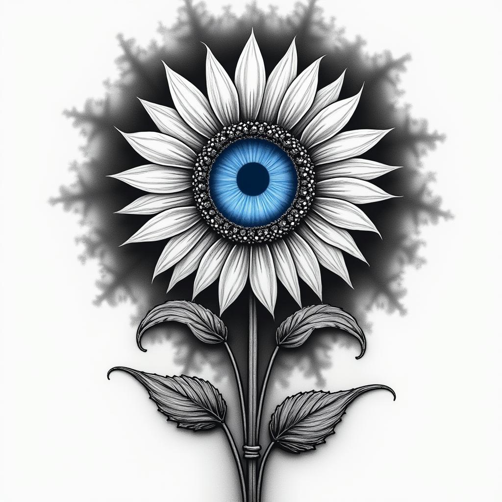 A bright blue All-Seeing Eye—(iris only)—sits at the heart of a sunflower-like flower . The "sunflower’s" 24 petals are styled like tribal rays, representing the sun, the passage of time (like a clock), and navigation (compass). At the base of the flower, two rose-like stems with thorns extend downward: one stem twists and coils around the other, which flows more straightly, guiding the design elegantly down toward the wrist.

   The background features black and gray cloud-like shading encircling the sunflower—. Below, rushing waves / flowing water swirl in rich black and gray shading, adding motion, contrast, and natural symbolism.higly detailed tattoo - Variation 4