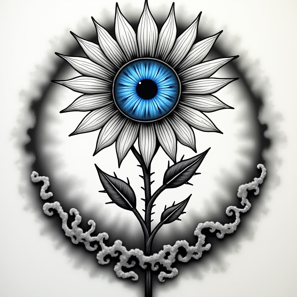 A bright blue All-Seeing Eye—(iris only)—sits at the heart of a sunflower-like flower . The "sunflower’s" 24 petals are styled like tribal rays, representing the sun, the passage of time (like a clock), and navigation (compass). At the base of the flower, two rose-like stems with thorns extend downward: one stem twists and coils around the other, which flows more straightly, guiding the design elegantly down toward the wrist.

   The background features black and gray cloud-like shading encircling the sunflower—. Below, rushing waves / flowing water swirl in rich black and gray shading, adding motion, contrast, and natural symbolism.higly detailed tattoo - Variation 2