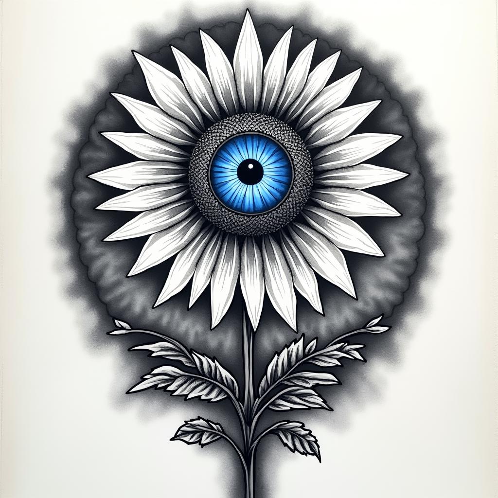 A bright blue All-Seeing Eye—(iris only)—sits at the heart of a sunflower-like flower . The "sunflower’s" 24 petals are styled like tribal rays, representing the sun, the passage of time (like a clock), and navigation (compass). At the base of the flower, two rose-like stems with thorns extend downward: one stem twists and coils around the other, which flows more straightly, guiding the design elegantly down toward the wrist.

   The background features black and gray cloud-like shading encircling the sunflower—. Below, rushing waves / flowing water swirl in rich black and gray shading, adding motion, contrast, and natural symbolism.higly detailed tattoo