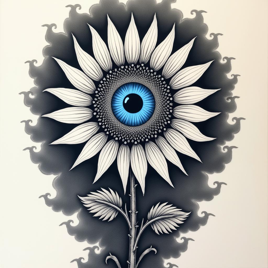 A bright blue All-Seeing Eye—(iris only)—sits at the heart of a sunflower-like flower . The "sunflower’s" 24 petals are styled like tribal rays, representing the sun, the passage of time (like a clock), and navigation (compass). At the base of the flower, two rose-like stems with thorns extend downward: one stem twists and coils around the other, which flows more straightly, guiding the design elegantly down toward the wrist.

   The background features black and gray cloud-like shading encircling the sunflower—. Below, rushing waves / flowing water swirl in rich black and gray shading, adding motion, contrast, and natural symbolism.higly detailed tattoo - Variation 3