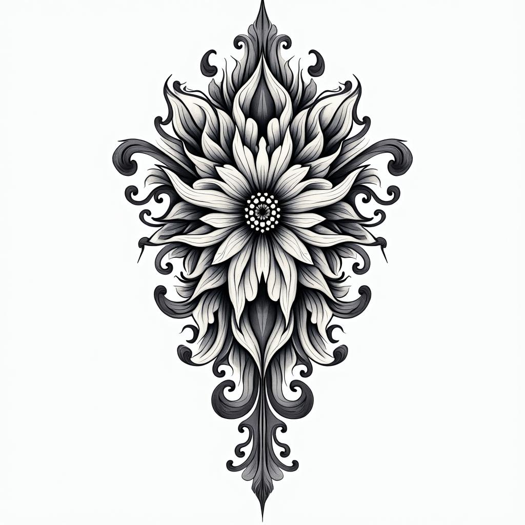 Alexis Christian Alexander Kane 11/16/1969 San Luis Obispo, Californiain ornamental tattoo style, featuring intricate symmetrical patterns and floral designs, showcasing highly detailed line work and geometric shapes, creating a sense of elegance and balance