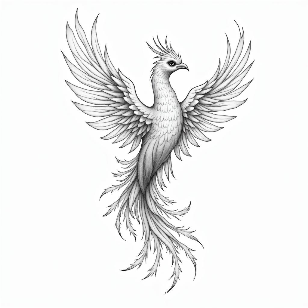 A delicate and modern stylized phoenix tattoo representing rebirth and transformation, featuring soft flowing feathers and slightly spread wings. The design incorporates fine line work, minimalistic yet poetic, without heavy tribal lines. Wrapped around the phoenix's body are lotus and magnolia flowers, with delicate vines and foliage accentuating the flow. A blooming lotus flower symbolizes Margot, integrating the letter "M" subtly within a petal, while a plume transforming into a constellation represents William, discreetly hiding the letter "W" within its stem. The overall ambiance is soft, powerful, and feminine, with light dotwork shading. The phrase "Je me suis relevée sans bruit, mais pour toujours" is woven into the design, symbolizing resilience and love.higly detailed tattoo - Variation 2