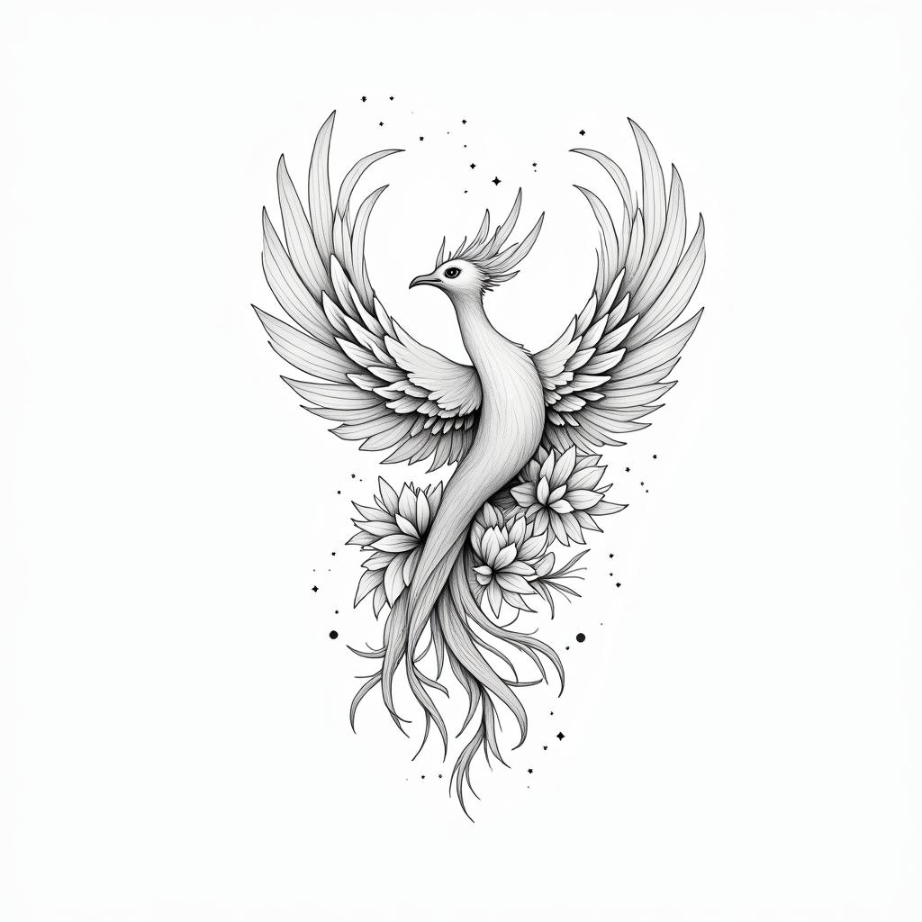 A delicate and modern stylized phoenix tattoo representing rebirth and transformation, featuring soft flowing feathers and slightly spread wings. The design incorporates fine line work, minimalistic yet poetic, without heavy tribal lines. Wrapped around the phoenix's body are lotus and magnolia flowers, with delicate vines and foliage accentuating the flow. A blooming lotus flower symbolizes Margot, integrating the letter "M" subtly within a petal, while a plume transforming into a constellation represents William, discreetly hiding the letter "W" within its stem. The overall ambiance is soft, powerful, and feminine, with light dotwork shading. The phrase "Je me suis relevée sans bruit, mais pour toujours" is woven into the design, symbolizing resilience and love.higly detailed tattoo - Variation 3