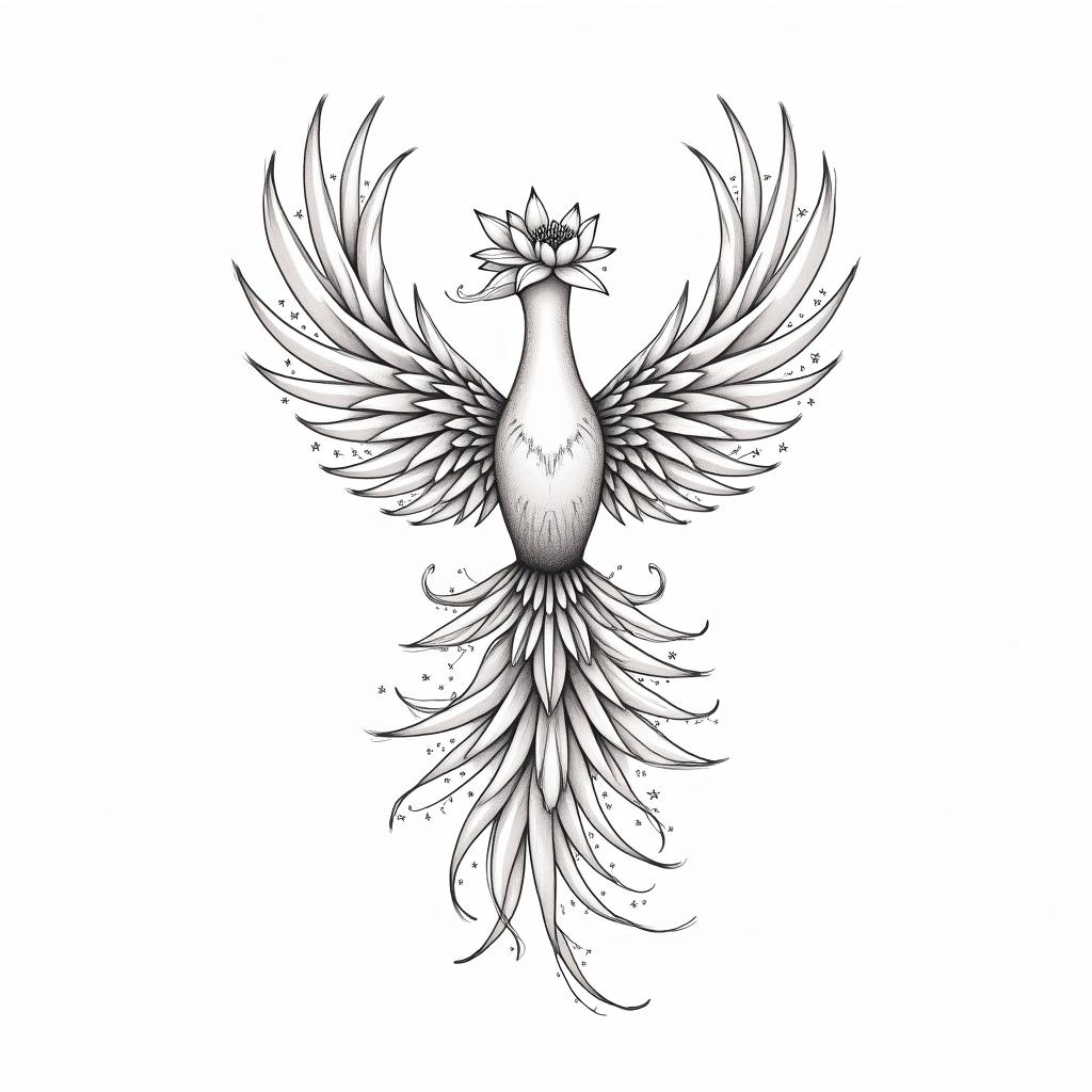 A delicate and modern stylized phoenix tattoo representing rebirth and transformation, featuring soft flowing feathers and slightly spread wings. The design incorporates fine line work, minimalistic yet poetic, without heavy tribal lines. Wrapped around the phoenix's body are lotus and magnolia flowers, with delicate vines and foliage accentuating the flow. A blooming lotus flower symbolizes Margot, integrating the letter "M" subtly within a petal, while a plume transforming into a constellation represents William, discreetly hiding the letter "W" within its stem. The overall ambiance is soft, powerful, and feminine, with light dotwork shading. The phrase "Je me suis relevée sans bruit, mais pour toujours" is woven into the design, symbolizing resilience and love.higly detailed tattoo - Variation 4